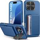 BXYJY for iPhone 16 Pro Max Case with Card Holder (4-5 Cards), Camera Cover Stand, Military Grade Protection, Shockproof Heavy Duty Rugged Silicone Women Men Wallet Case for iPhone 16 Promax, Blue