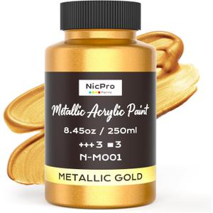 Nicpro Metallic Gold Acrylic Paint, 8.45oz/250ml Large Gold Leaf Paint, Non Toxic, Non Fading Craft Paints for Metal, Wood, Clay, Fabric, Canvas, Furniture, Handcrafts, Art Supplies