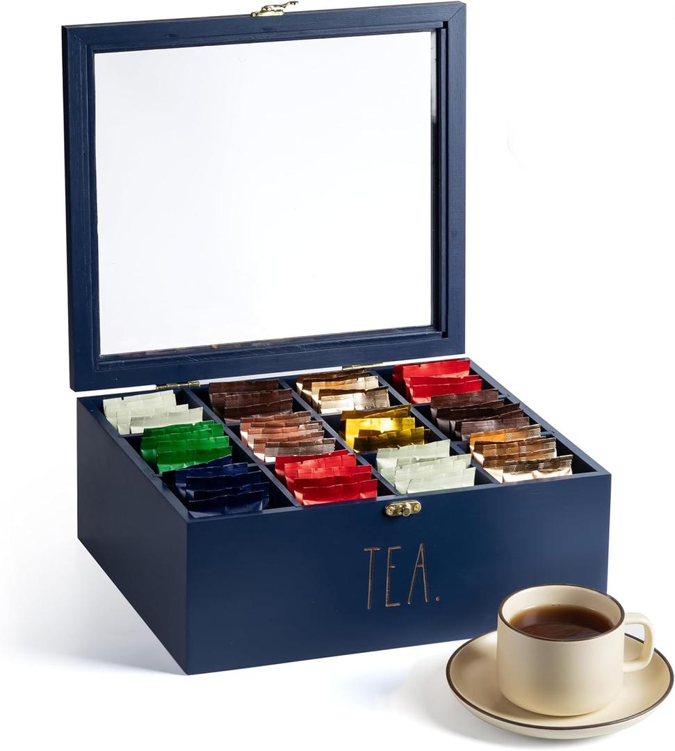 Rae Dunn Tea Bag Organizer - Tea Box Divided Storage Container Box with Hinge Lid for Kitchen Cabinet, Countertop, Pantry, Hold Coffee Pods, Seasoning Packets, Condiments, Blue