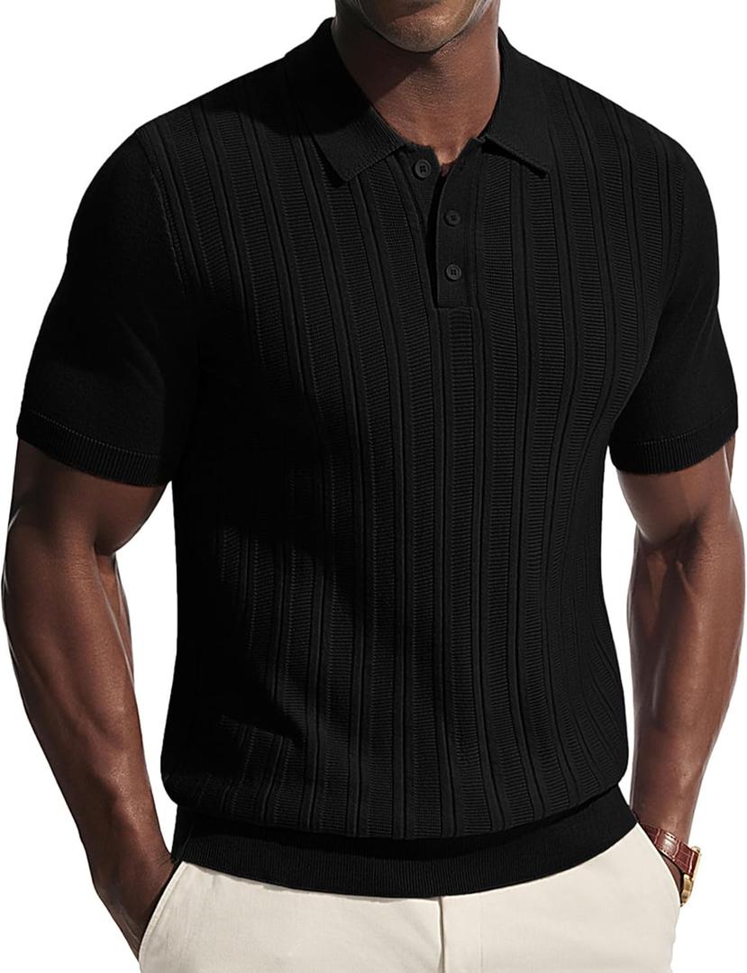PJ PAUL JONES Men's Knit Polo Shirts Short Sleeve Stretch Texture Knitted Polo Shirts Casual Lightweight Golf Shirt (XX-Large, Black)