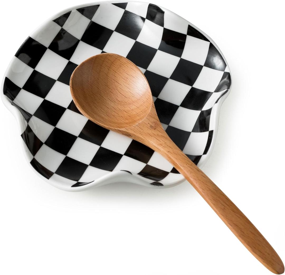 Spoon Rest for Stove Top, 5.3in Checkered Spoon Holder Utensil Rest, Ceramic Spoon Rests for Coffee Bar, Kitchen Gadget Cooking Gift for Housewarming (Black & White Pattern)