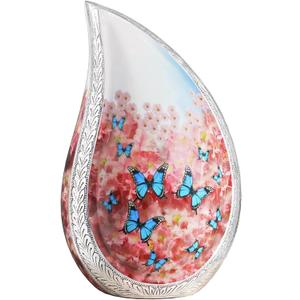 Urn for Ashes for Women & Male, Cremation Urns for Human Ashes Adult Female or Men, Funeral Decorative Tear Drop Urns, Burial Urn, Blue Butterfly & Pink Flower - Large Teardrop