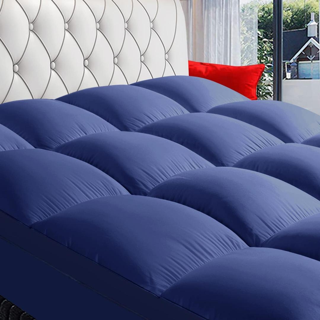 Queen Mattress Topper, Extra Thick Pillowtop, Cooling Plush Mattress Pad Cover Bed Topper Protector with 8-21 Inch Deep Pocket (Navy Blue, Queen)
