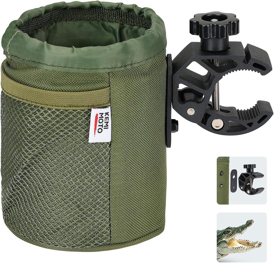 KEMIMOTO Motorcycle Cup Holder, Oxford Fabric Motorcycle Drink Holder with 0.6"-1.5" Alligator Clamp, Universal Water Bottle Cup Accessories for Bike, ATV/UTV, Scooter, Boat, Walker, Army Green (1 PC, Medium)