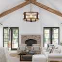 Farmhouse Chandelier, 20" Rustic Light Fixture with Glass Shade 4-Light Drum Lighting Fixtures Retro Pendant Lamp for Dining Room Foyer Living Room Entrance Kitchen Island Bedroom