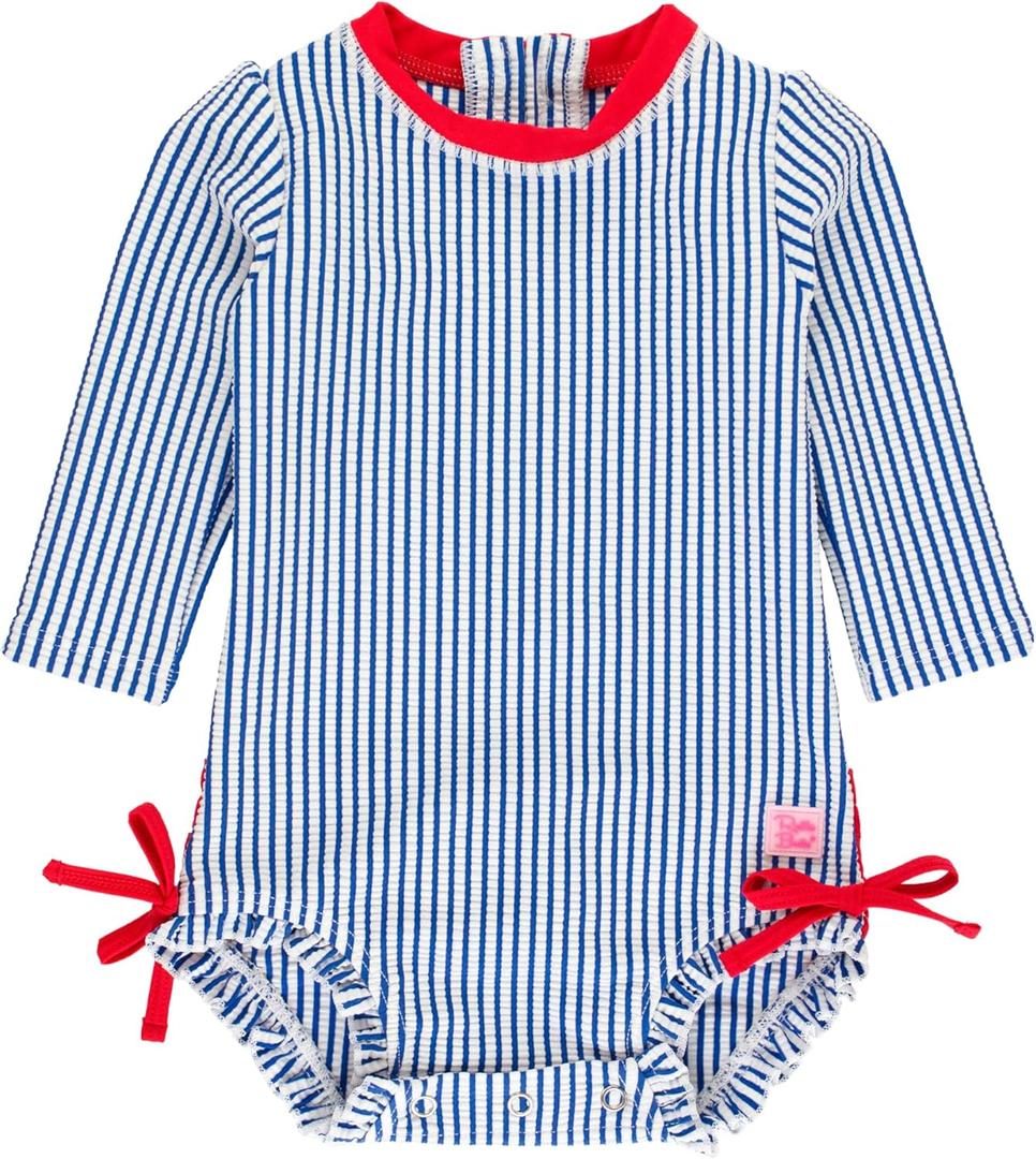 RuffleButts Baby/Toddler Girls Seersucker Long Sleeve One Piece Rash Guard Swimsuit with UPF 50+ Sun Protection (6-12 Months)