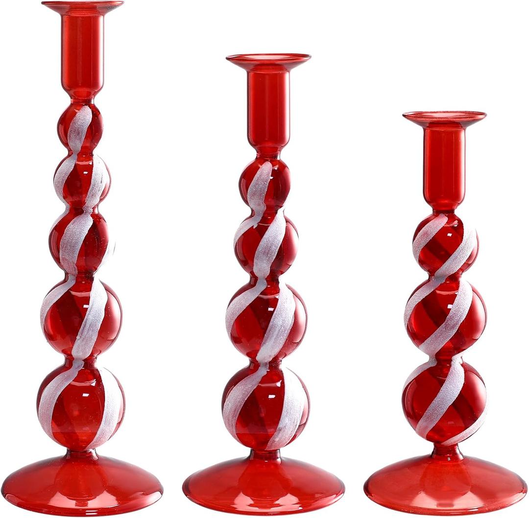Mumufy 3 Pcs Red and White Christmas Glass Candlestick Holders Christmas Ball Glass Taper Candle Holder Stick Decor for Xmas Holiday Wedding Home Table Centerpiece