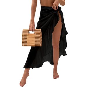 OYOANGLE Women's Mesh Sheer Swimsuit Cover Up Ruffle Tie Side Beach Sarong Wrap Long Skirt (X-Large, Black)