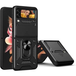 Compatible with Samsung Galaxy Z Flip 4 Bracket Shell,with Slide Camera Lens Cover Compatible with Samsung SM-F721B/DS Galaxy Z Flip4 / SM-F721N SM-F721U1 SM-F721W Case Black