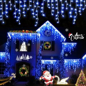 QITONG Blue Icicle Christmas Lights, 33ft 400 LED Icicle Light for Outside Plug in with 8 Modes, Clear Wire Connectable String Light Indoor Plug in