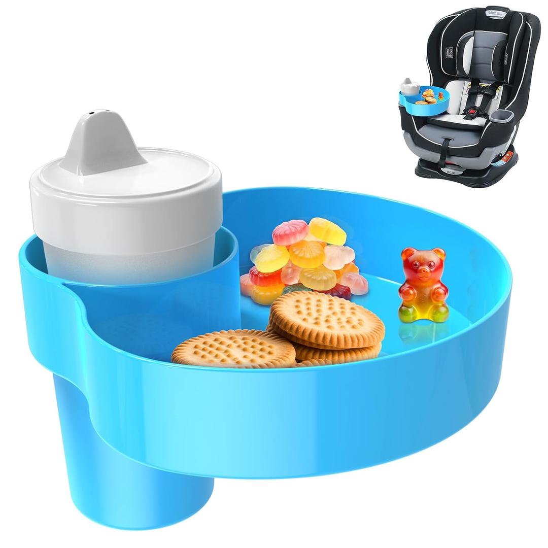 Car Seat Cup Holder Snack Tray: Travel Tray for Kids Car Seat Food Tray for Kids Travel, Toddler Carseat Eating Plate Table, Kid Road Trip Table Essentials Accessories, Light Blue