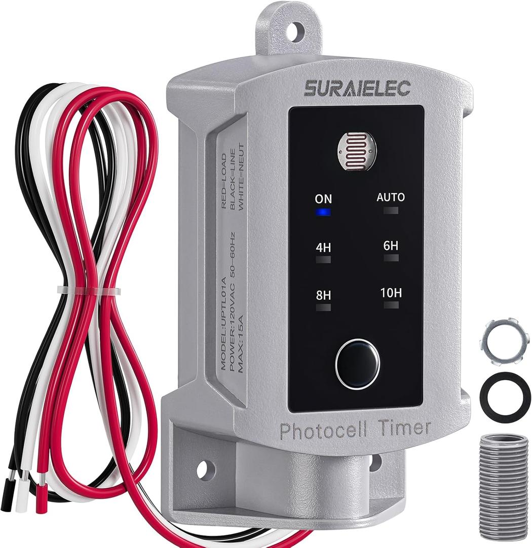 SURAIELEC 15 AMP Dusk to Dawn Timer Switch for Outdoor Electrical Boxes, 120V Photocell Power Control, for Waterproof Outlet Junction Box, Outside Lighting, Security System, Holiday Decorations