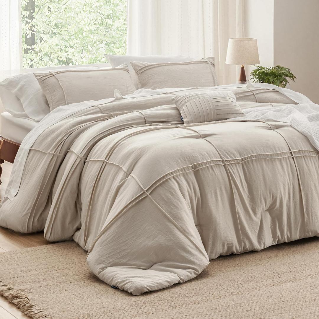 Bedsure Beige Queen Comforter Set - 4 Pieces Grid Pleated Bed Set, Down Alternative Bedding Sets for All Season, 1 Comforter, 2 Pillowcases, 1 Decorative Pillow