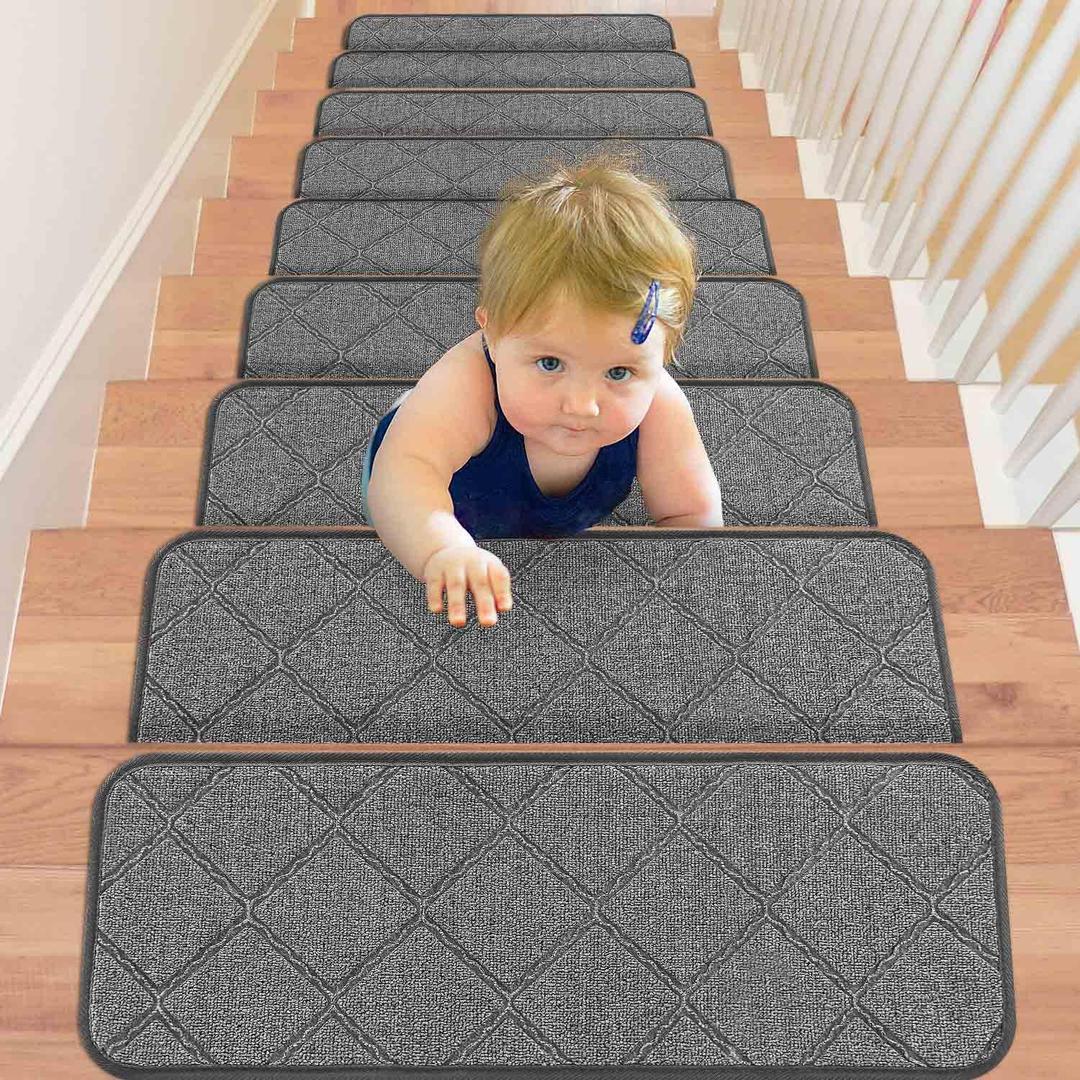 Seloom Upgraded 25.5 X 9.5 Non Slip Stair Treads for Wooden Steps Indoor,Non-Skid Stair Rug Carpet with Slip Resistant Back, Safety for Dogs,Kids and Elders,13-Pack,Grey