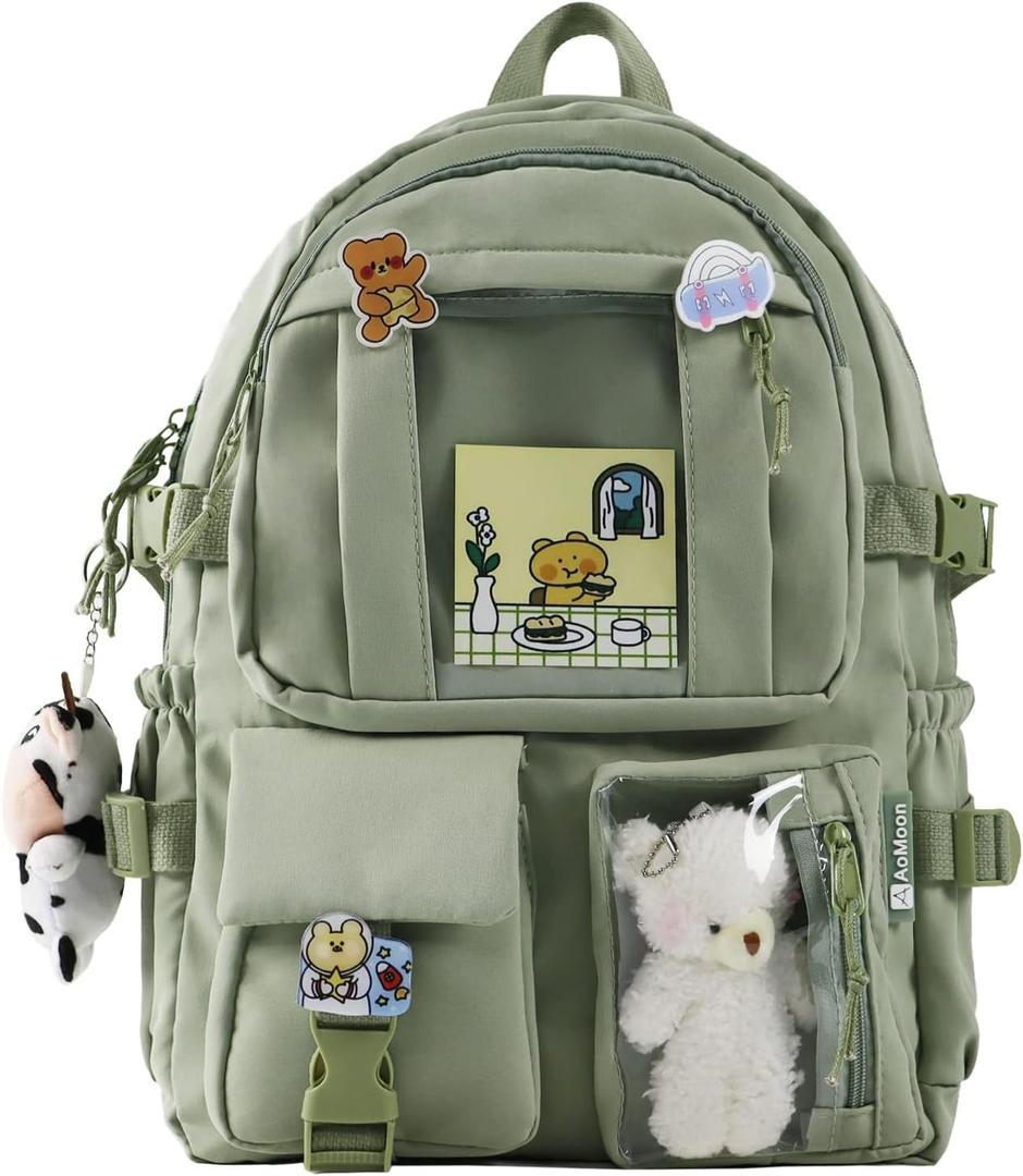 AoMoon Kawaii Backpack Lovely Pastel Rucksack for Teen Girls Aesthetic Student Bookbags with Kawaii Pin and Cute Accessories (Green-C)