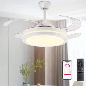STERREN 42 Inch Retractable Ceiling Fans with Lights,Modern Bladeless LED Ceiling Fan Lights with Remote Control, Smart White Bedroom Ceiling Fan with Light