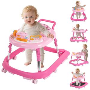 Foldable Baby Walker with Wheels  9 Adjustable Heights, Reinforced Frame, Activity Center with Music & Lights, Removable Tray, Two Rear Wheel Modes (Swivel or Forward-Only) for Babies 6-18 Months (Rose pink)