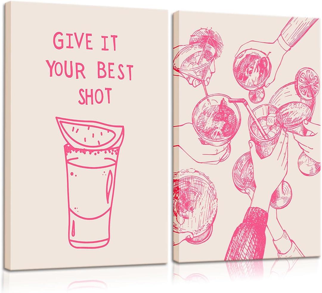 Pink Bar Cart Wall Art Trendy Retro Cocktail Cheers Canvas Wall Decor Give It Your Best Shot Pictures Preppy Pink Poster Print Alcoholic Beverage Print Painting Artwork Apartment Kitchen 12x16 Inch (Pink clinking glasses)