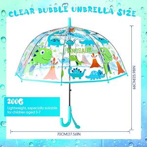 Jexine 1 Pcs Kids Clear Bubble Umbrella with an Easy Grip Handle Dome Transparent Umbrella Kids Umbrellas for Rain Boys Girls (Dinosaur)