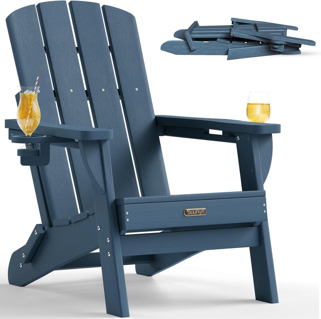 Folding Adirondack Chair 1 Pack, HDPE All-Weather Fire Pit Chairs, Plastic Adirondack Chairs with 2 Cup Holder, Outdoor Lawn Chair for Patio Garden (New Blue)
