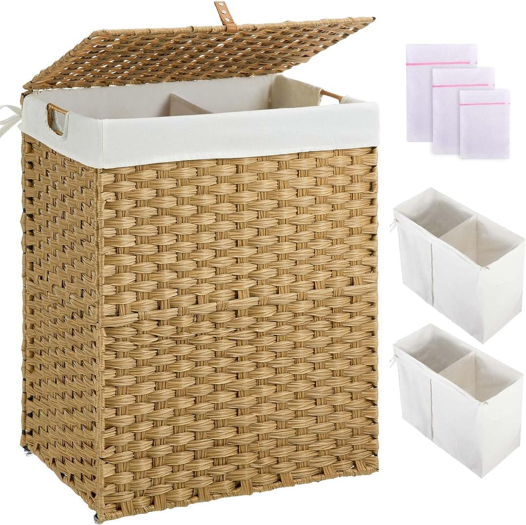 Greenstell Laundry Hamper with lid, No Install Needed, 110L Wicker Laundry Baskets Foldable 2 Removable Liner Bags, 2 Section Clothes Hamper Handwoven Rattan Laundry Basket with Handles, Natural (110L (22.2x13.3x24.0 Inches), Natural)