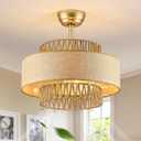 Boho Fandelier Ceiling Fans with Light andRemote Gold Enclosed Caged Ceiling Fan with LightRattan Chandelier Fan for Bedroom, Living Room,Kitchen (6 Speeds Bladeless Cellng Fan), 20inch