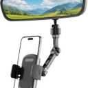 Rear View Mirror Phone Holder, Premium Aluminum Alloy Mount with Multi-Angle Adjustment, Rearview Mirror Phone Holder Mount For Car & Truck, Universal Accessories Compatible with All Cell Phone (One-Touch Auto Clamp Carbon Black)