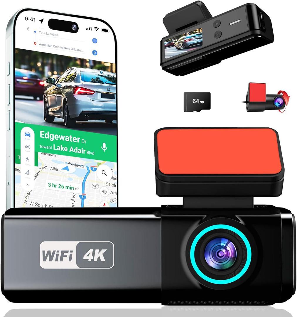 Dash Cam Front and Rear, 4K + 1080P Dual Dash Camera for Cars with Free 64GB Card, 5GHz WiFi, 360 Swivel Rear Camera, App Control, WDR, G-Sensor, Night Vision, Loop Recording, Parking Mode