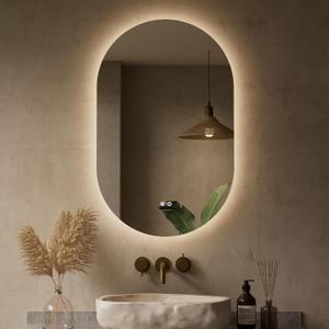 Keonjinn 20 x 32 Inch Oval LED Mirror with Backlight, Pill-Shaped Backlit Mirror Bathroom with HD Tempered Glass, UL-Listed LED Driver, 3 Color Lights, Safe Defogging, Dimmable, Decorative Mirrors
