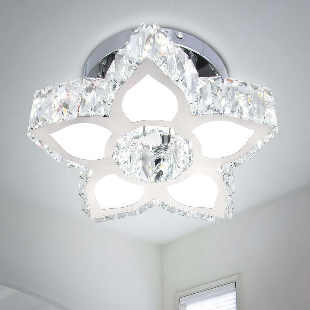 FRIXCHUR Crystal Ceiling Light Modern Mini Chandelier Flower LED Flush Mount Ceiling Light Fixture for Dining Room Bedroom Living Room Small Room (Cool White) (9.1 Inch)