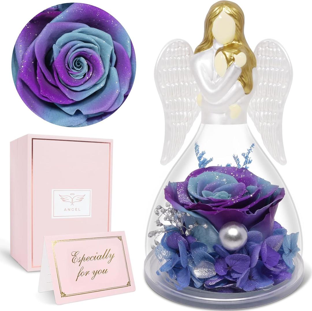 Yamonic Preserved Flowers Rose in Glass Angel Figurine - Eternal Real Rose Gift for Mom, Women, Grandma - Birthday, Mother's Day, Christmas, Thanksgiving Present from Daughter