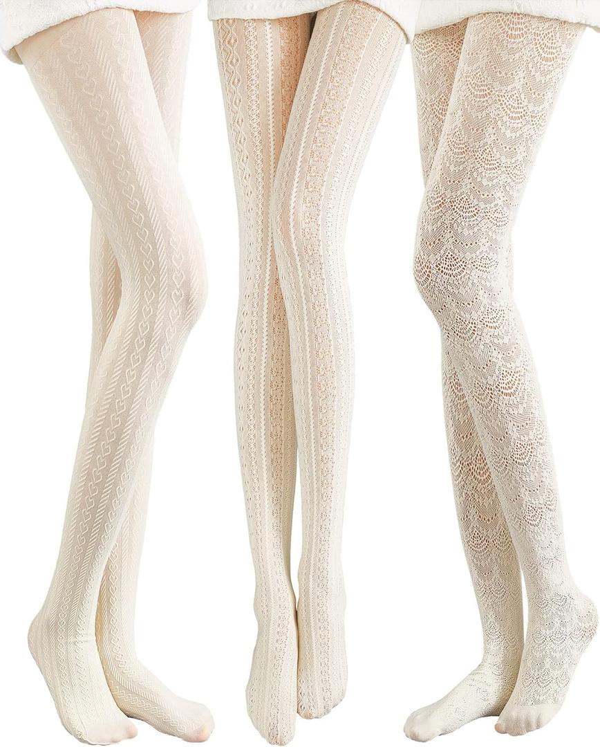 JaGely 1/2/3 Pair White Lace Tights for Women White Fishnet Hollow out Knitted Tights Lolita Stockings Lace Strips Pantyhose (One Size, Classic Style)