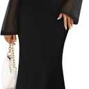 ZESICA Women's Long Sleeve Floral Bodycon Dress 2026 Spring Fall Ruched Mesh Wedding Guest Cocktail Party Maxi Dresses (Black, S)