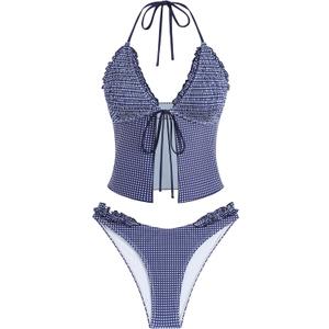 ZAFUL Tankini Swimsuits for Women Smocked Ruffles Tie Front Bowknot Textured High Cut Tanga Tankini Set (Medium, 33-midnight Blue)