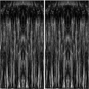 2 Pack Foil Curtain Backdrop Black Metallic Tinsel Foil Fringe Curtains Photo Booth Props for Birthday Wedding Engagement Baby Shower Bachelorette Christmas Holiday Celebration Party Decorations