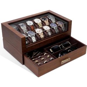 Kamier High End Watch Box for Men, 12 Slot Wooden Watch Case With Drawer, Watch Display Box with Glass Lid, 2-Layer Watch Holder for Jewelry and Watch Storage for Men Women , Ideal for Gift (With Gift Box) (Walnut)