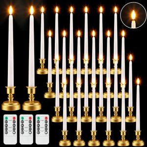 Fumete 24 Pack Flameless Taper Candles with Remote Control and Timer Flickering LED Taper Candles Realistic 3D Flame LED Window with Base Holiday Wedding Home Decor(White)