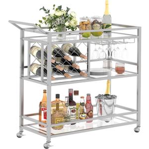 FATORRI Bar Cart Silver, Bar Carts for The Home, Home Bar Serving Carts for Liquor, Rolling Wine Cart with 3 Tier Mirrored Shelves on Wheels for Alcohol and Beverage (Silver), 13.98 inches D x 35.47 inches W x 36.3 inches H