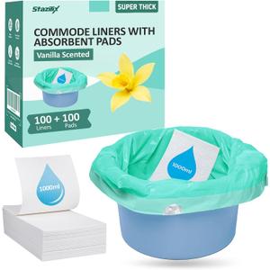 Bedside Commode Liners with Absorbent Pads, 100 Liners + Pads, for Elderly, Adults and Seniors