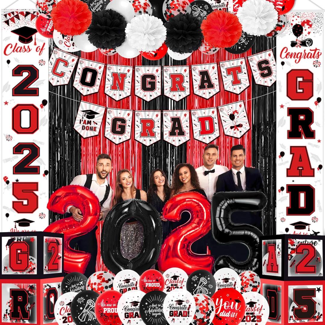 Red and Black Graduation Decorations 2025 Congrats Grad Banner Class of 2025 Decorations Grad Party Decorations 2025 Graduation Banner