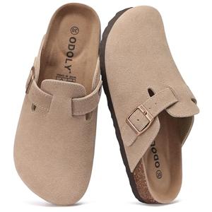 Genuine Suede Clogs for Women Men Soft Cork Footbed Leather Mules Comfort Potato Shoes with Arch Support, Taupe 48