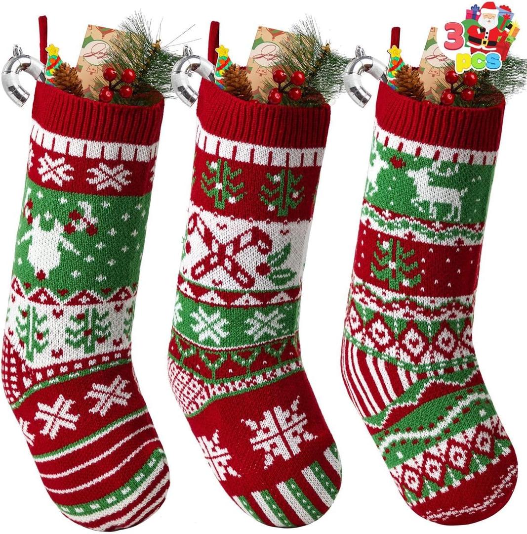 JOYIN 3 Pack 18 Christmas Stockings, Large Size Rustic Cable Knit Xmas Stocking in Red & Green, for Family Holiday Season Decorations