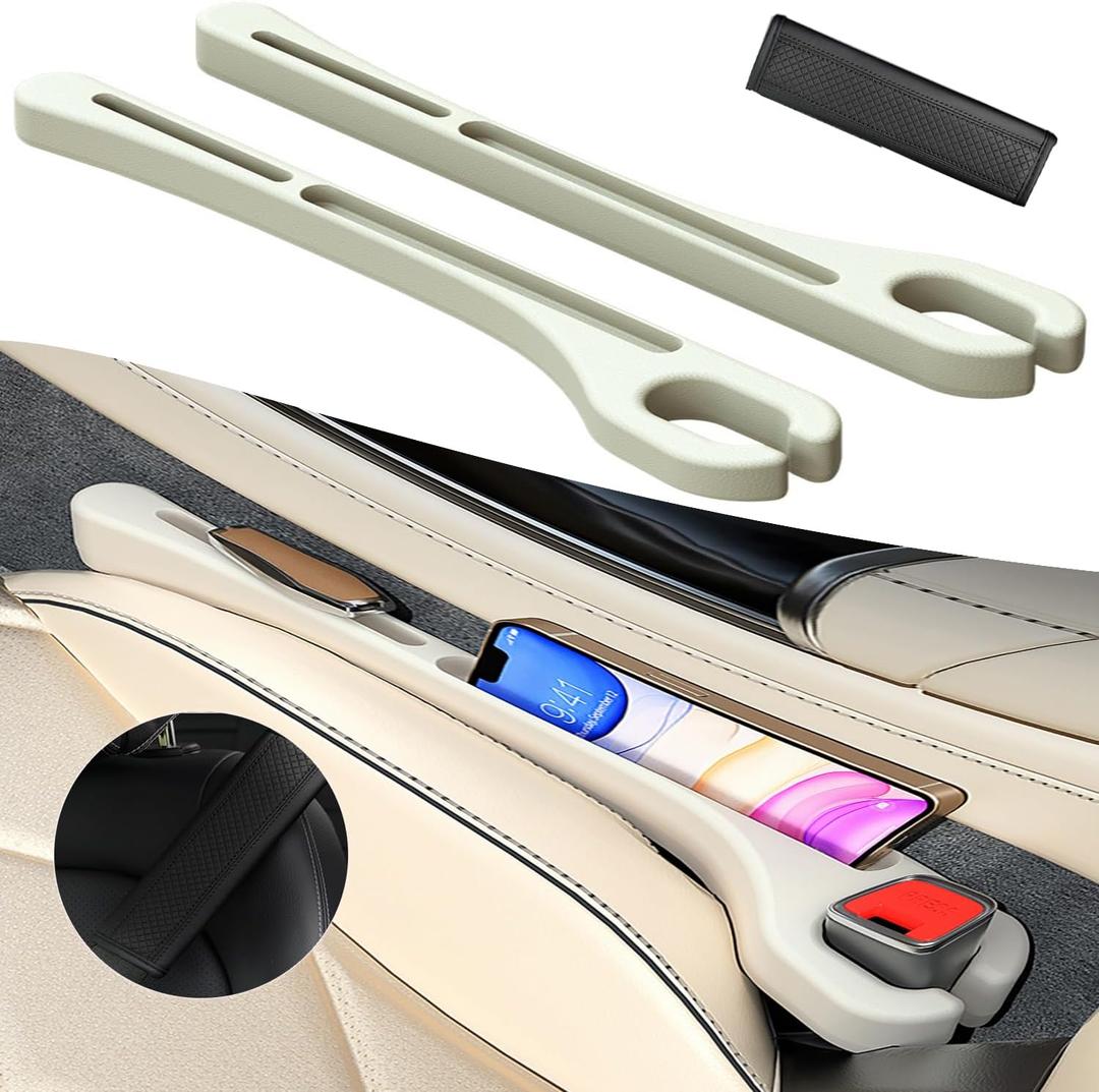 New!Car Seat Gap Filler 2 Pack with Seat Belt Holes and Seat Belt Pads, Auto Crevice Blockers Fill Gap Plug in Between Seat and Console, Universal for Most Cars Trucks SUVs to Stop Dropping,Beige