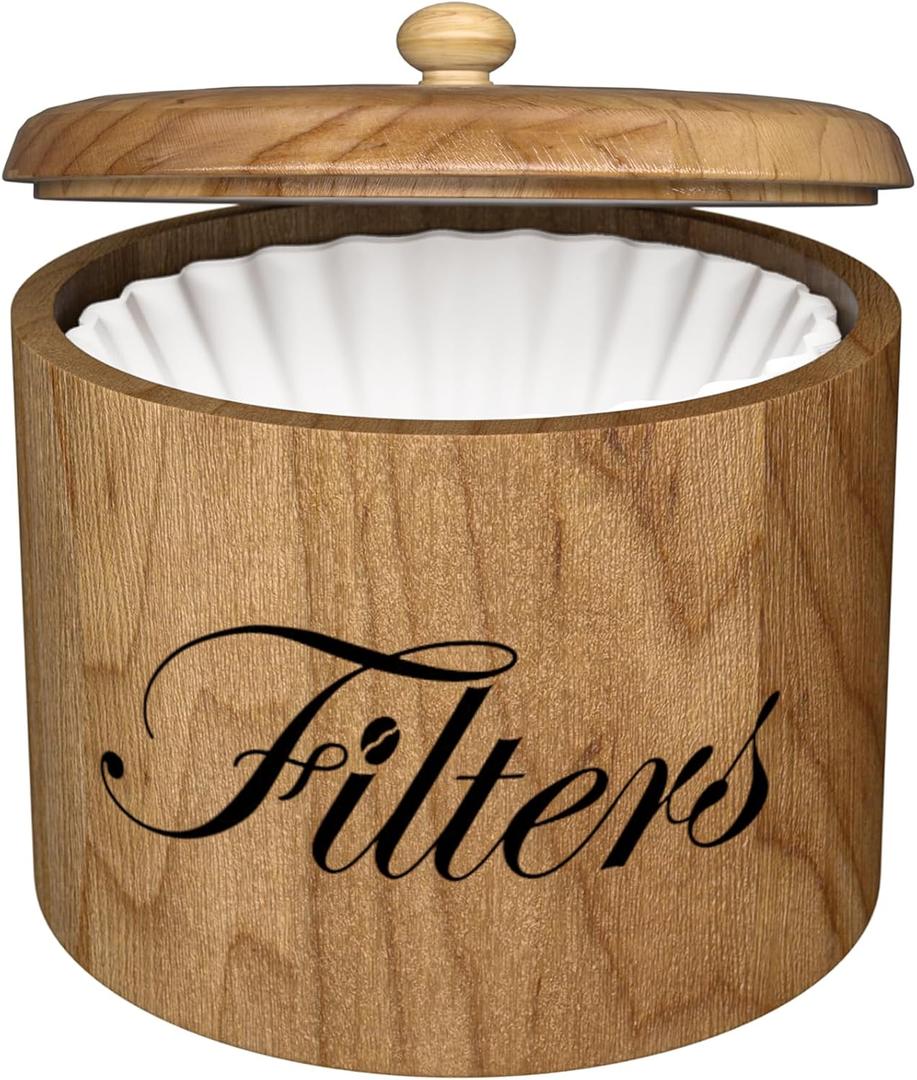 Coffee Filter Holder, Wooden Coffee Filter Storage with Lid, RoundCoffeeFilterContainer for Counter, Rustic Bar Accessories Holder Decor (Natural)