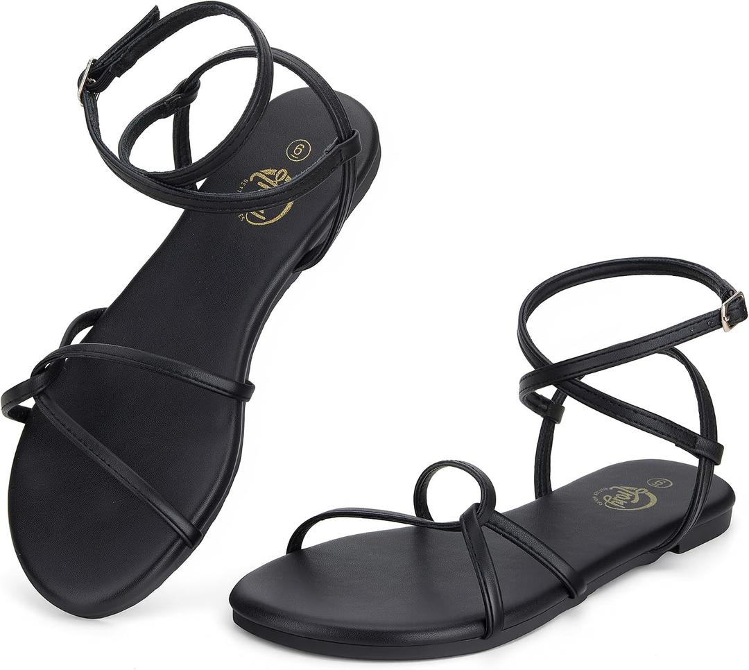 Trary Women's Flat Sandals, Strappy Cross Lace Up Ankle Strap Summer Dressy Beach Shoes, Lightweight Open Toe Gladiator Shoes Tie Up Sandals for Women, Size 10