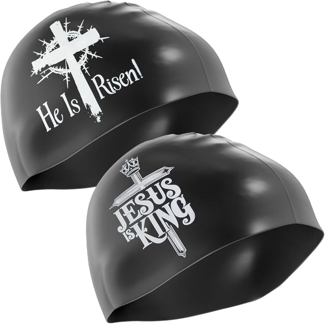 Faith-Based Silicone Swim Cap - Jesus is King & He is Risen Religious Swim Cap for Adults & Kids - Waterproof, Durable, Comfortable - Swimming Cap