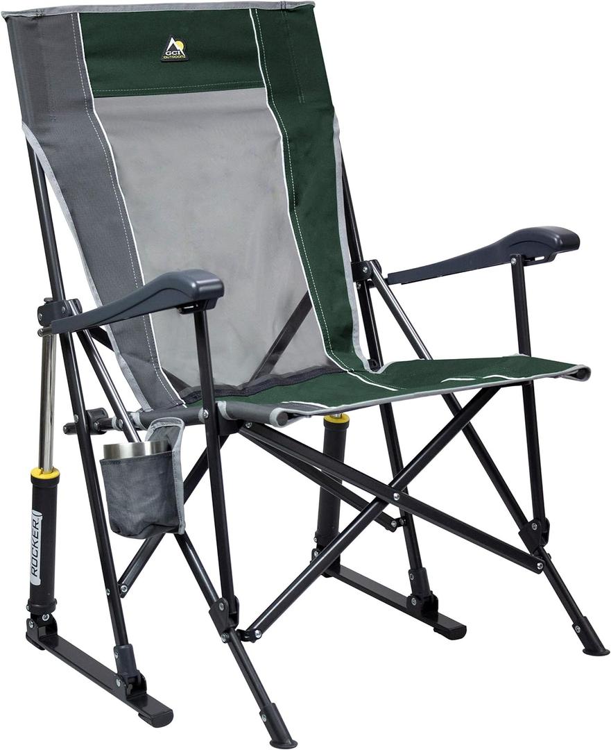 GCI OUTDOOR Roadtrip Rocker Camping Chair | Portable, Folding Rocking Chair with Solid, Durable Armrests, Drink Holder & Comfortable Extended Backrest  Hunter Green