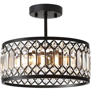 Crystal Black Ceiling Light, Modern Semi Flush Mount Ceiling Lighting Fixture, Round Hallway Lighting Fixtures Chandelier for Kitchen Entryway Bedroom Dining Room, 3-Light, 12.2 Inch