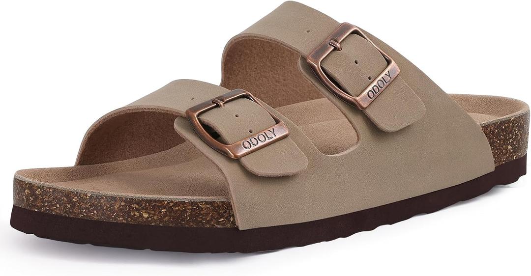 Unisex Cork Footbed Slide Sandal, Arch Support Summer Outdoor Sandals with Adjustable Buckle for Women and Men (9 Women/7.5 Men, Taupe)