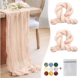 Blush Pink Cheesecloth Table Runner 2 Pack 35" Boho Gauze Table Runner 120 inches Long Runner Rustic Sheer Fabric Bulk for Baby Shower Wedding Bridal Birthday Party Table Decorations